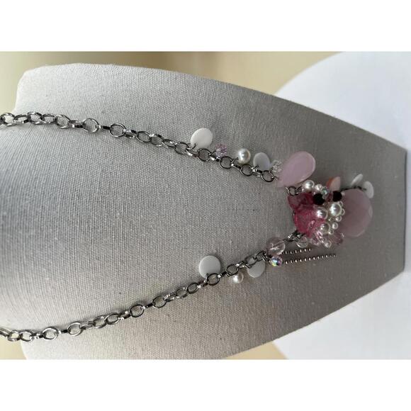 Silver Chain Necklace with Pink and Faux Pearl Beads - Picture 2 of 10